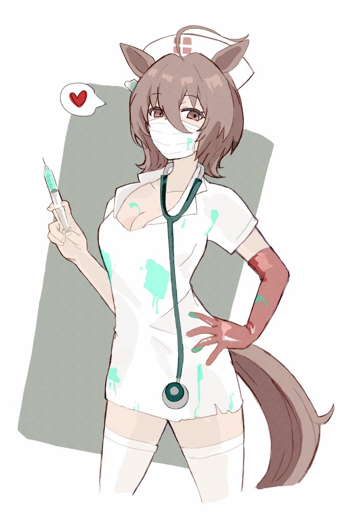 1girl, agnes_tachyon_(umamusume), ahoge, alternate_costume, animal_ears, breasts, brown_eyes, brown_hair, cleavage, dress, gloves, hand_on_own_hip, hat, heart, horse_ears, horse_girl, horse_tail, looking_at_viewer, maitake_umai, mask, medium_hair, mouth_mask, nurse_cap, red_gloves, short_sleeves, single_glove, small_breasts, solo, spoken_heart, stethoscope, surgical_mask, syringe, tail, thighhighs, umamusume, white_dress, white_thighhighs