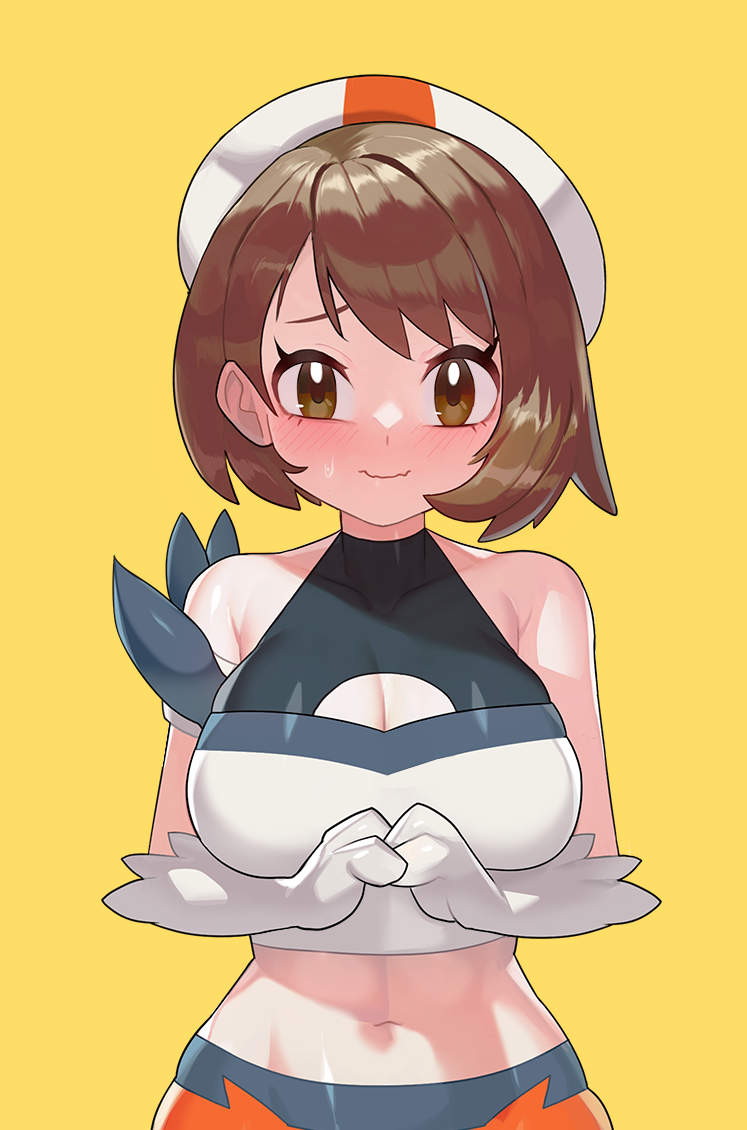 1girl, alternate_breast_size, alternate_costume, beret, blush, bob_cut, breasts, brown_eyes, brown_hair, cinderace, cinderace_(cosplay), cleavage_cutout, closed_mouth, clothing_cutout, commentary, cosplay, drunkoak, gen_8_pokemon, gloria_(pokemon), gloves, hat, large_breasts, looking_at_viewer, navel, nintendo, own_hands_together, pokemon, pokemon_sword_and_shield, short_hair, simple_background, sleeveless, solo, sweatdrop, white_gloves, white_hat, yellow_background