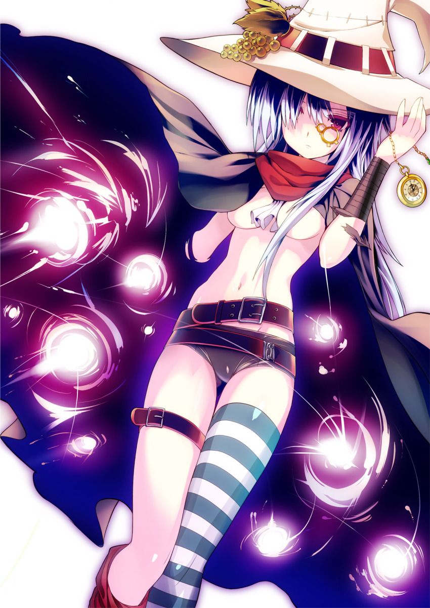 1girl, ascot, belt, blue_hair, buckle, cape, censored, convenient_censoring