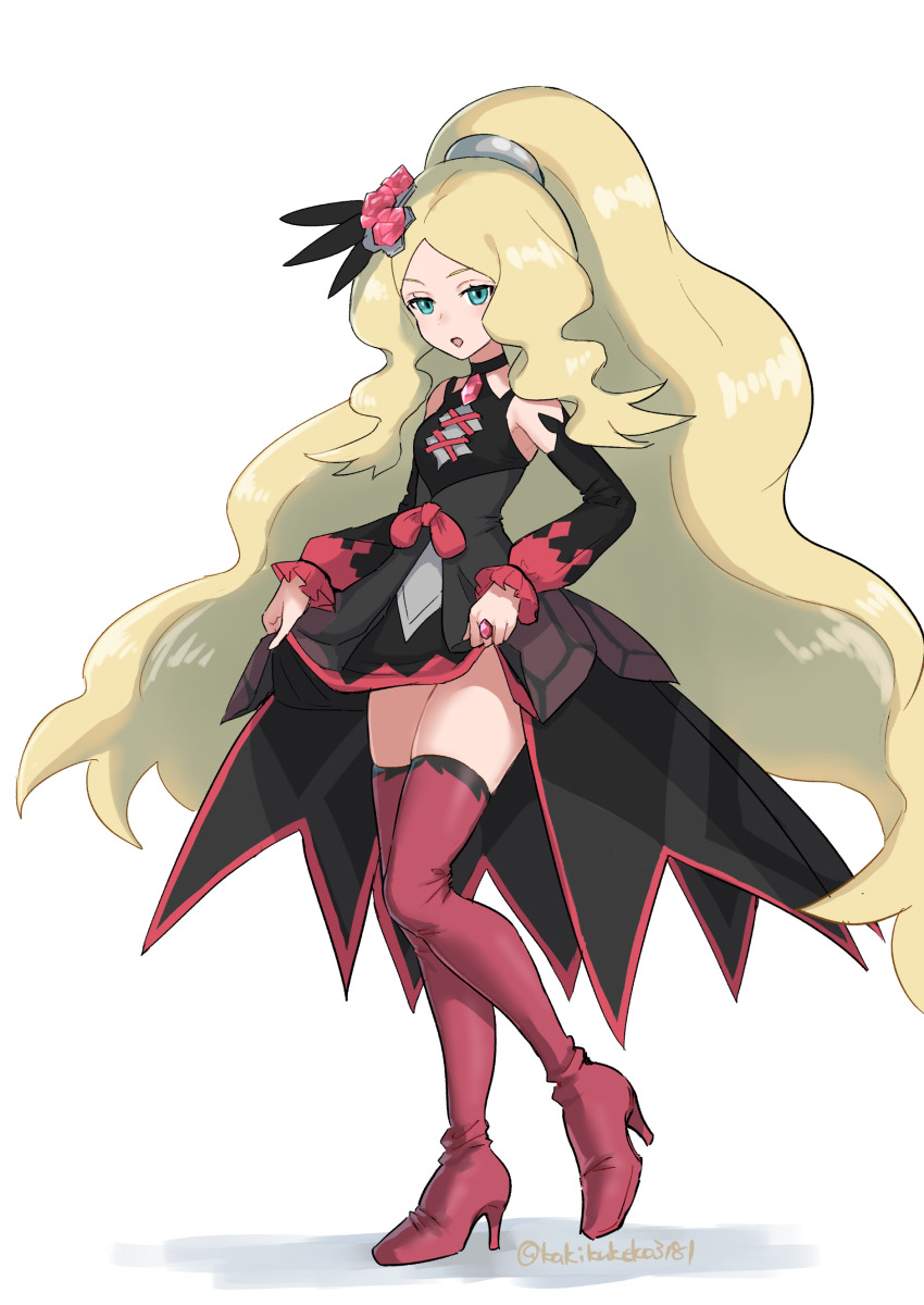 1girl, :o, absurdres, black_dress, blonde_hair, boots, caitlin_(fall_2021)_(pokemon), caitlin_(pokemon)