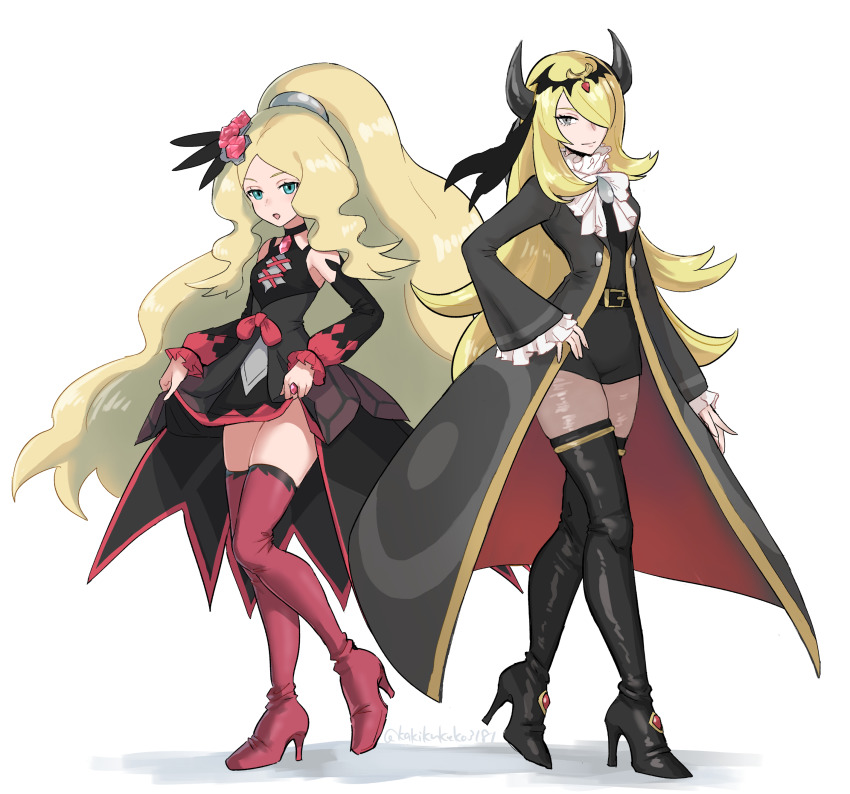 2girls, :o, absurdres, belt, black_belt, black_dress, black_footwear, blonde_hair