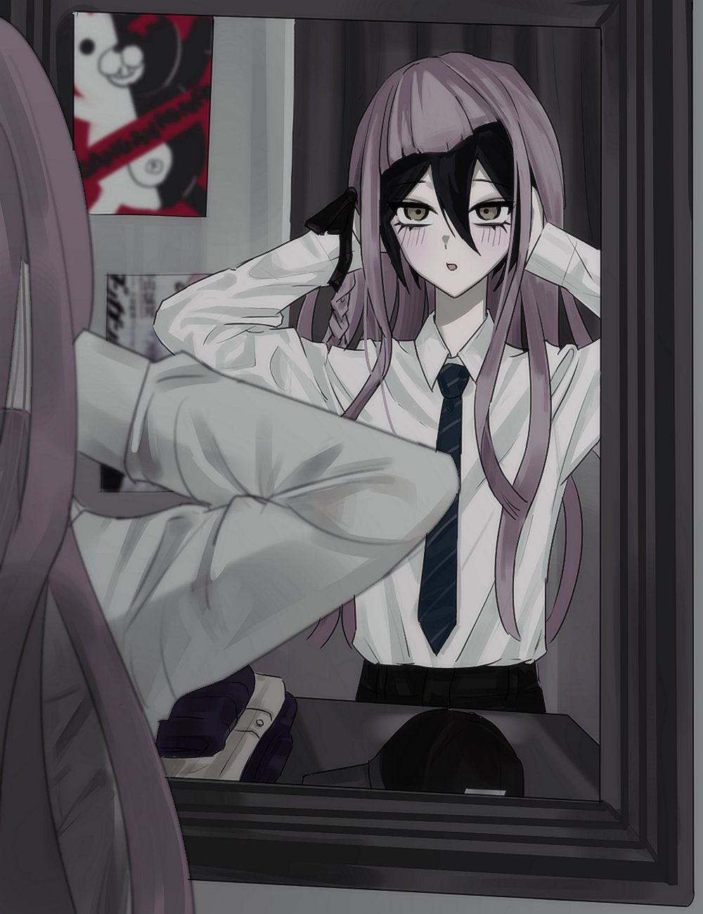 1boy, :o, black_hair, black_hat, black_ribbon, blue_necktie, blush, braid