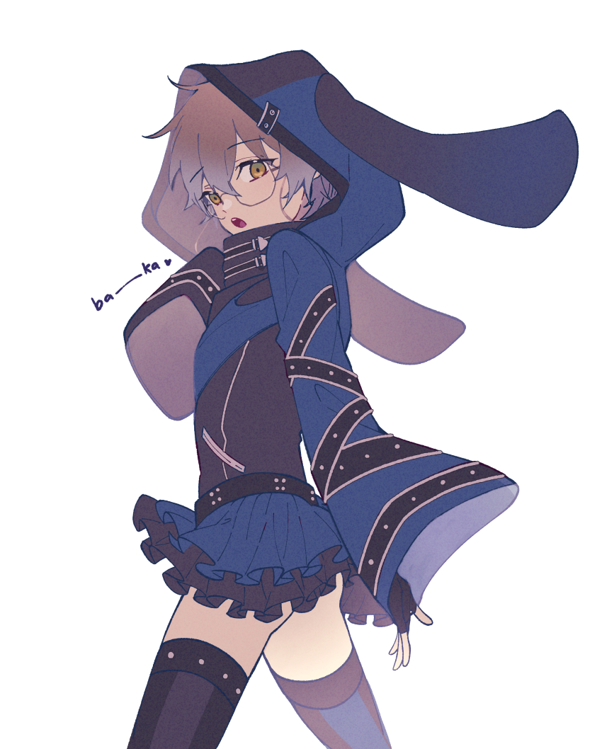1boy, :o, absurdres, animal_hood, belt, black_belt, black_gloves, blue_thighhighs