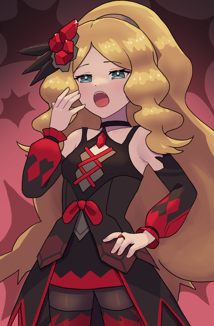 1girl, absurdres, bare_shoulders, black_choker, blonde_hair, caitlin_(fall_2021)_(pokemon), caitlin_(pokemon), choker