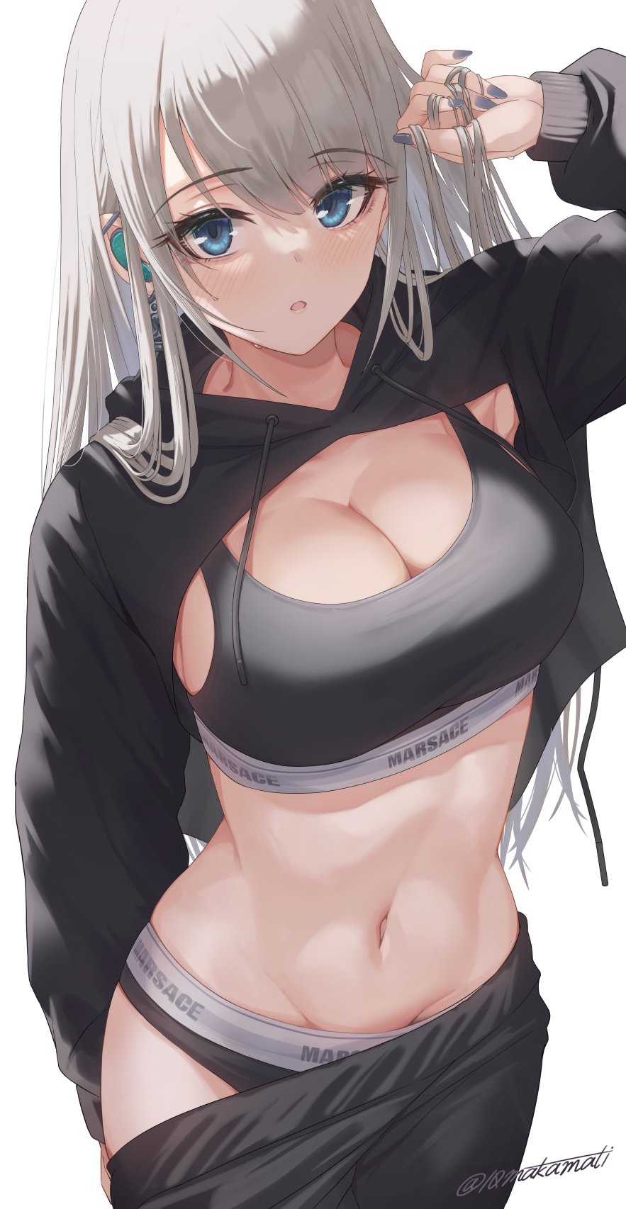 1girl, black_jacket, black_pants, blue_eyes, blush, breasts, cleavage, clothes_pull