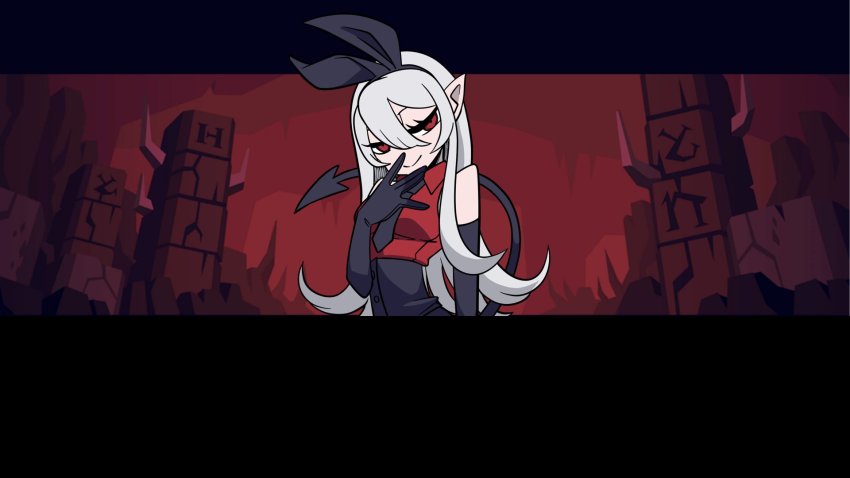 117, 1girl, animal_ears, closed_mouth, collared_shirt, elbow_gloves, fake_screenshot, gloves, hair_between_eyes, hairband, helltaker, highres, long_hair, looking_at_viewer, nijisanji, nijisanji_en, parody, pomu_rainpuff, rabbit_ears, red_eyes, shirt, sleeveless, smile, solo, style_parody, vanripper_(style), virtual_youtuber, white_hair