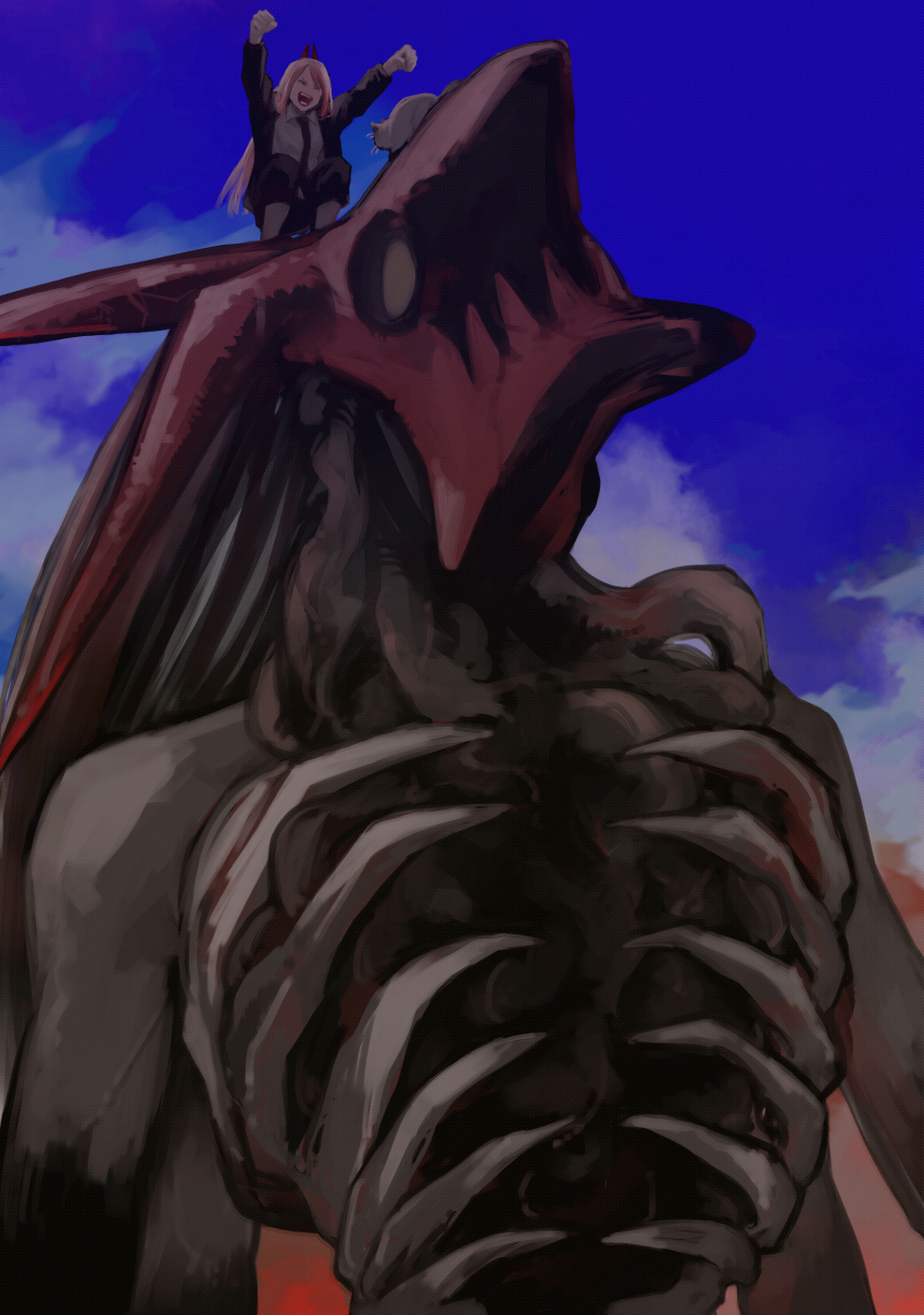 absurdres, arms_up, black_necktie, black_pants, blood_devil_(chainsaw_man), blue_background, blue_jacket, cat