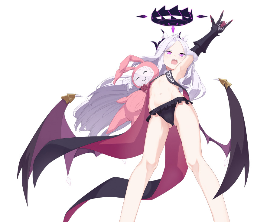 1girl, absurdres, armpits, bare_legs, bikini, black_bikini, black_gloves, blue_archive