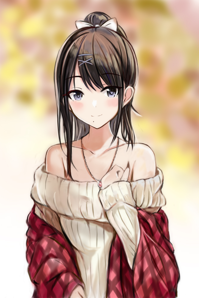 1girl, bare_shoulders, black_hair, blurry, blurry_background, blush, bow, collarbone