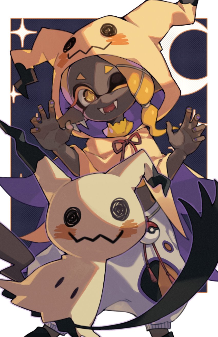 1girl, absurdres, blonde_hair, blue_background, cape, character_hood, claw_pose, clothing_cutout