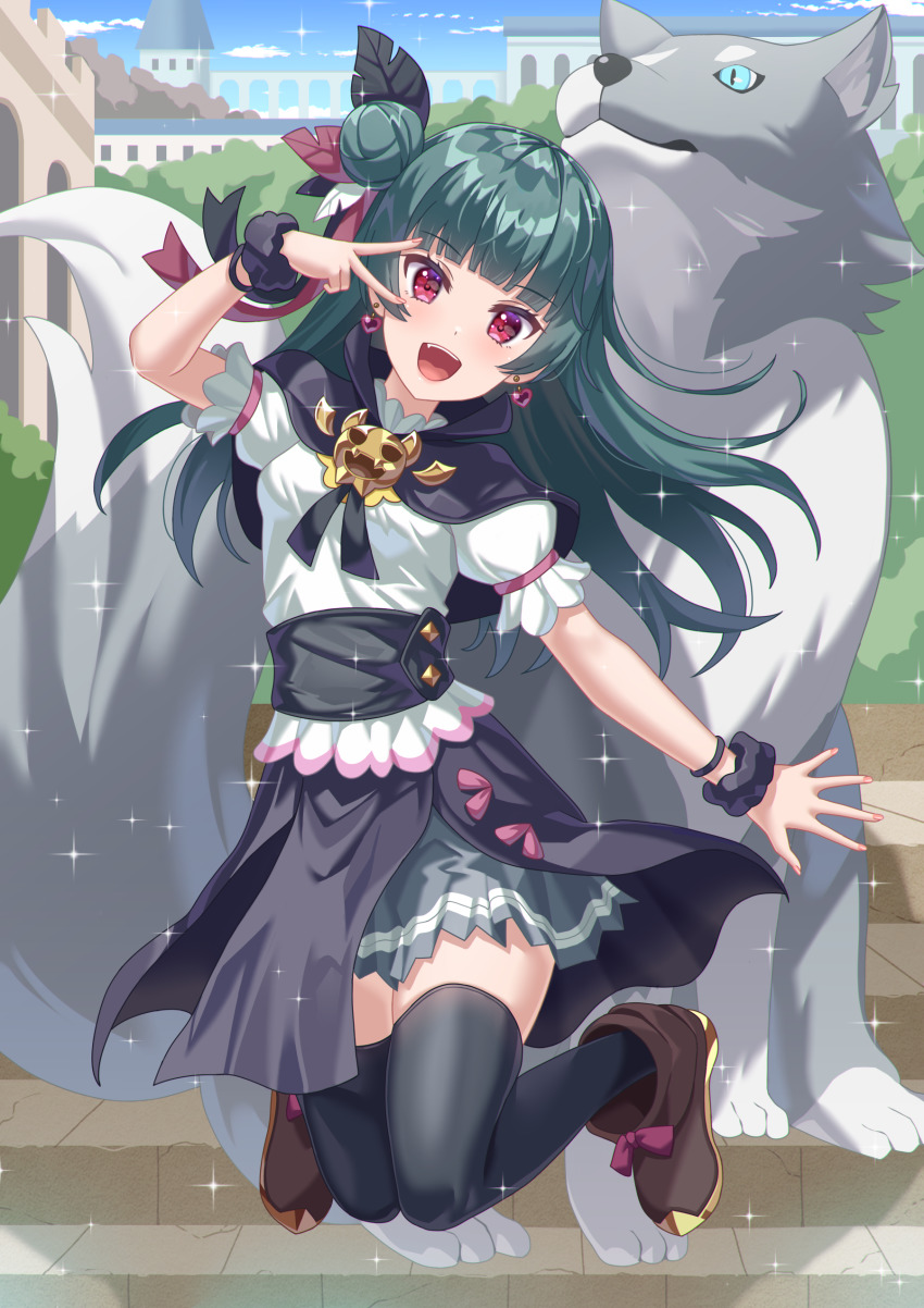 1girl, absurdres, capelet, full_body, genjitsu_no_yohane, hair_bun, highres, jumping