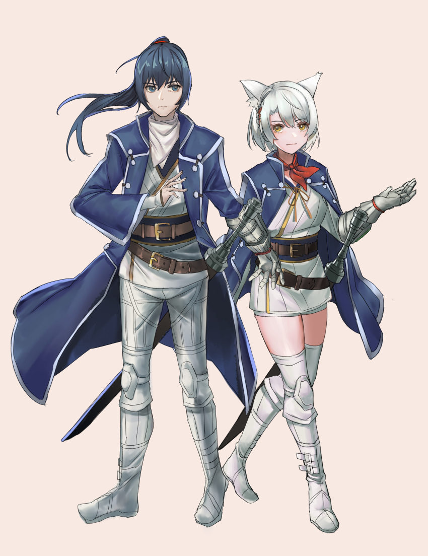 1boy, 1girl, absurdres, animal_ears, belt, black_hair, blue_eyes, blue_jacket, breasts, cat_ears, cosplay, flynn_(megami_tensei), flynn_(megami_tensei)_(cosplay), highres, isabeau_(megami_tensei), isabeau_(megami_tensei)_(cosplay), jacket, long_hair, looking_at_viewer, megami_tensei, mio_(xenoblade), nekotori_(nekotori221), noah_(xenoblade), ponytail, shin_megami_tensei, shin_megami_tensei_iv, short_hair, simple_background, smile, sword, thighhighs, weapon, white_hair, xenoblade_chronicles_(series), xenoblade_chronicles_3, yellow_eyes
