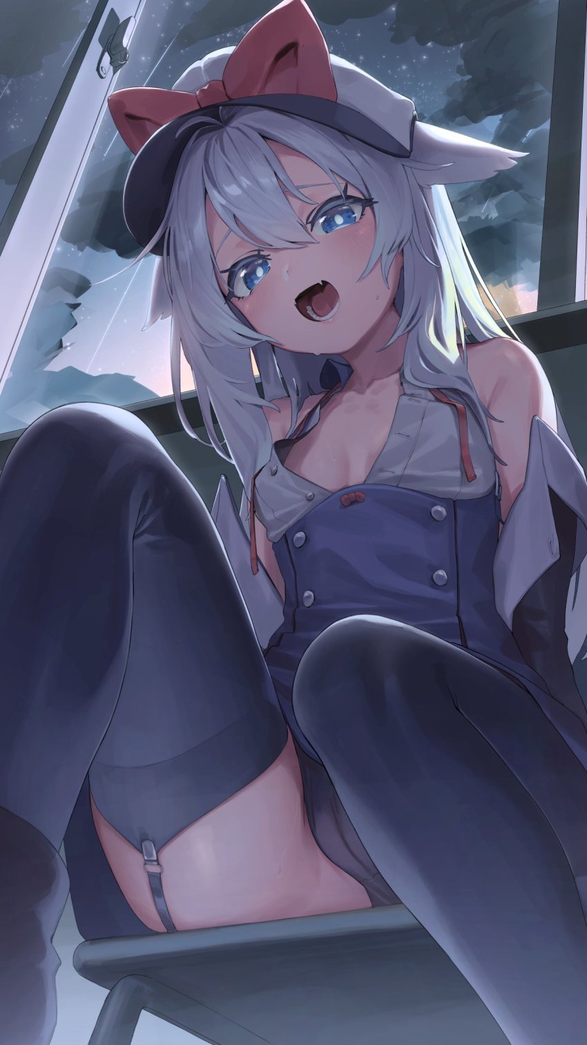 1girl, bare_shoulders, black_jacket, black_panties, black_thighhighs, blue_dress, blue_eyes, bow