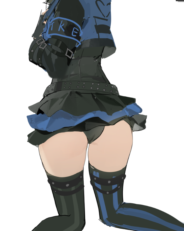 1boy, animal_hood, ass, ass_focus, asymmetrical_legwear, belt, black_belt, black_dress
