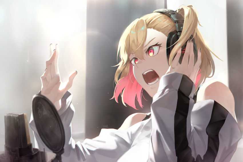 1girl, angry, ashizawa_saki, blonde_hair, colored_inner_hair, determined, headphones, highres