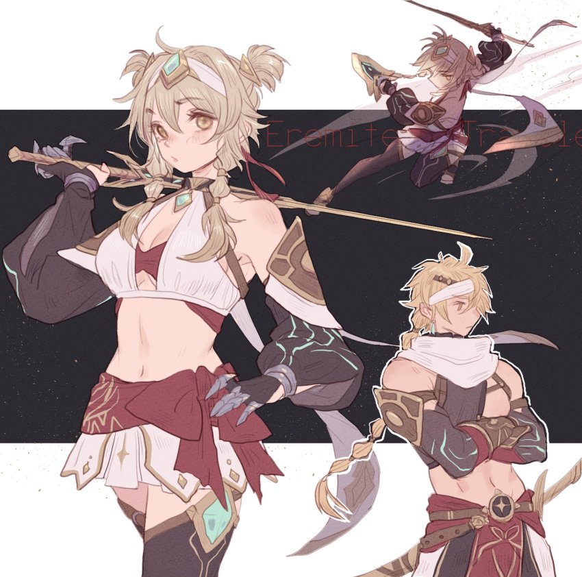 1boy, 1girl, aether_(genshin_impact), armpit_peek, bare_shoulders, black_gloves, black_sleeves, black_thighhighs