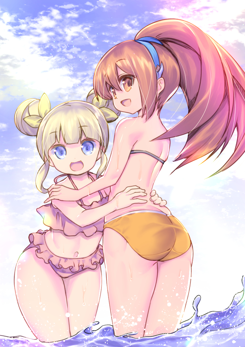 2girls, :d, ass, azure_striker_gunvolt, back, bare_arms, bare_legs, bare_shoulders, bikini, blonde_hair, blue_eyes, blunt_bangs, bow, brown_eyes, brown_hair, cloud, cloudy_sky, day, double_bun, feet_out_of_frame, female_focus, frilled_bikini, frills, gunvolt_chronicles_luminous_avenger_ix, hair_between_eyes, hair_bow, hair_bun, hand_on_another's_shoulder, highres, kohaku_(gunvolt), leaning_forward, legs_together, loli, long_hair, looking_at_viewer, looking_back, maria_(gunvolt), midriff, multiple_girls, navel, open_mouth, outdoors, partially_submerged, pink_bikini, ponytail, sidelocks, sky, smile, standing, swimsuit, usapenpen2019, waist_grab, water, wet, wide_hips, wide_ponytail, yellow_bow
