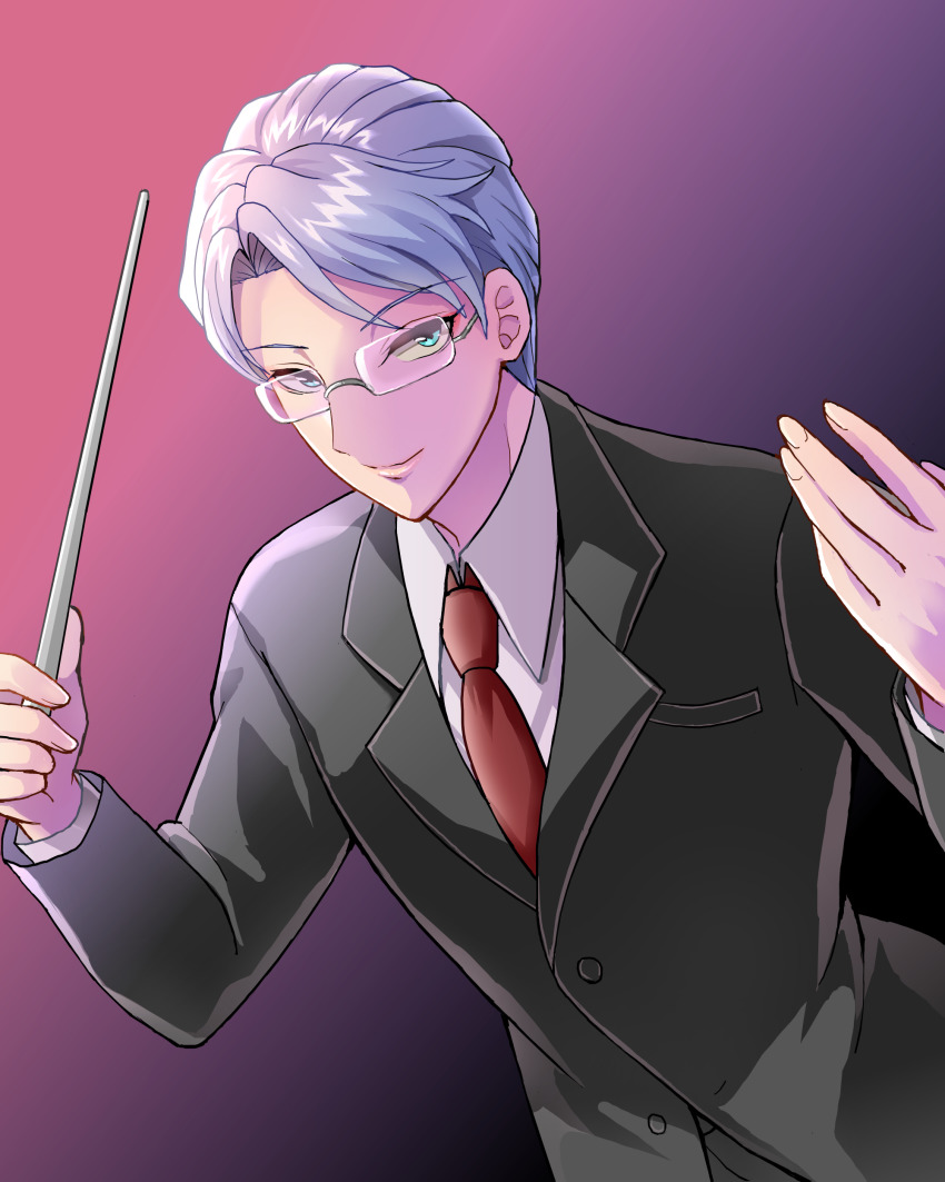 1boy, absurdres, black_suit, blue_eyes, conductor_baton, formal_clothes, glasses, gradient_background, grey_hair, hands_up, highres, himuro_reiichi, long_sleeves, male_focus, necktie, purple_background, rakkokun_tondoru, red_necktie, short_hair, simple_background, smile, standing, suit, teacher, tokimeki_memorial, tokimeki_memorial_girl's_side, tokimeki_memorial_girl's_side_1st_love