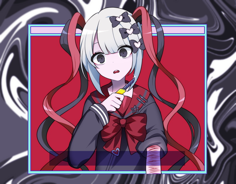 1girl, bad_id, bad_twitter_id, black_eyes, black_hair, bleeding, blood, bow