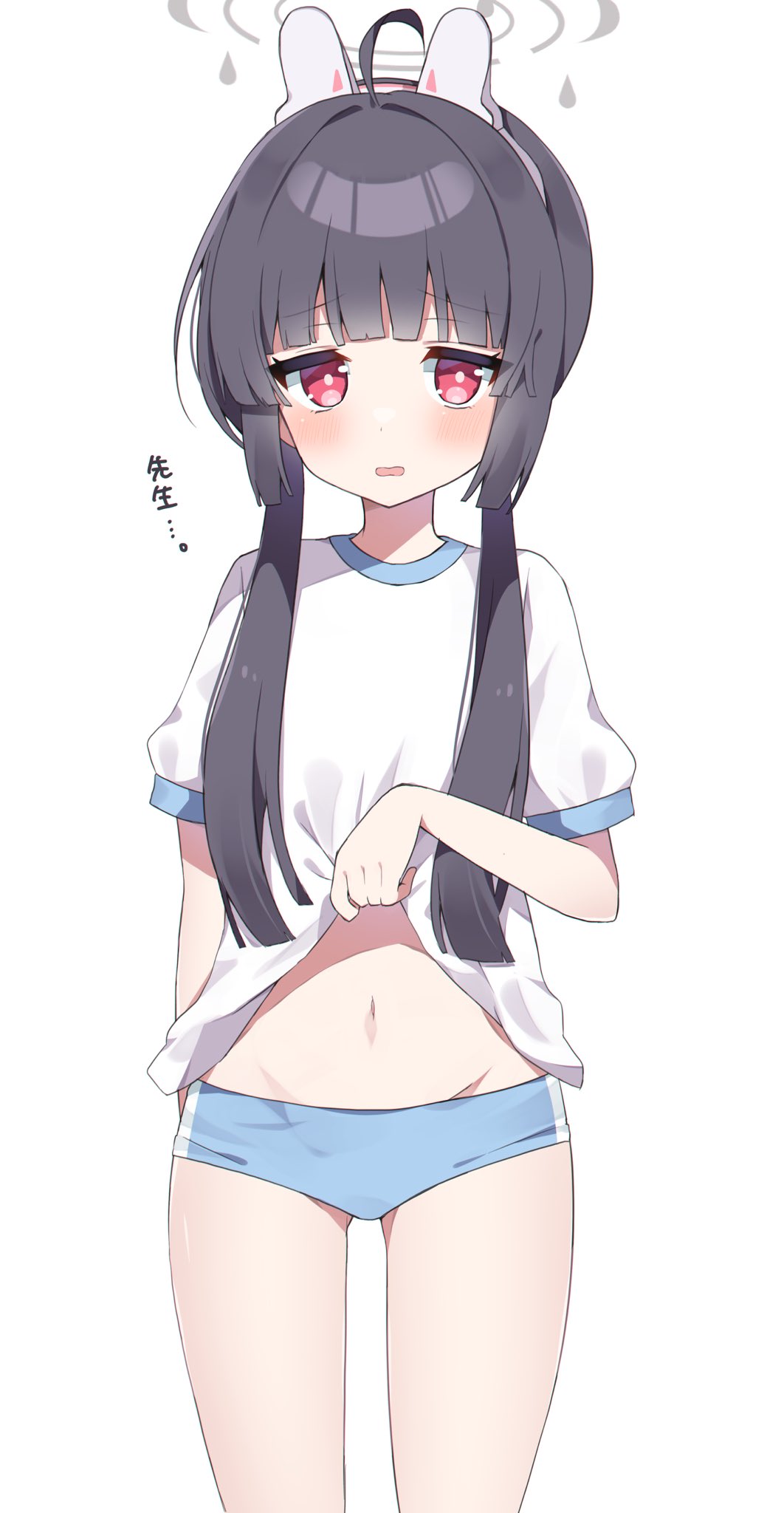 1girl, ahoge, animal_ears, arm_at_side, black_hair, blue_archive, blush, buruma, clothes_lift, cowboy_shot, fake_animal_ears, groin, gym_uniform, hairband, halo, highres, lifting_own_clothes, long_hair, looking_at_viewer, miyu_(blue_archive), murase48, navel, official_alternate_costume, open_mouth, rabbit_ears, raised_eyebrows, red_eyes, shirt, shirt_lift, short_sleeves, simple_background, solo, white_background, white_shirt