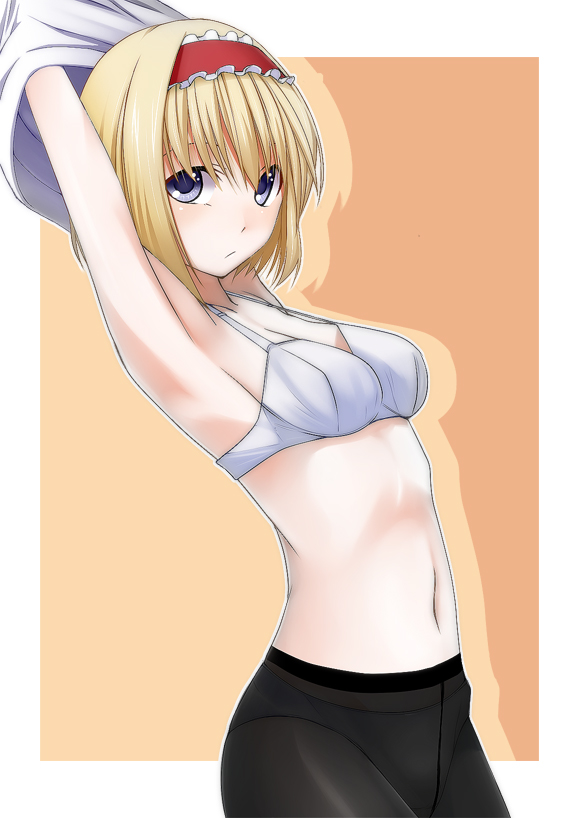 1girl, alice_margatroid, armpits, arms_up, bad_id, bad_pixiv_id, blonde_hair, blue_eyes