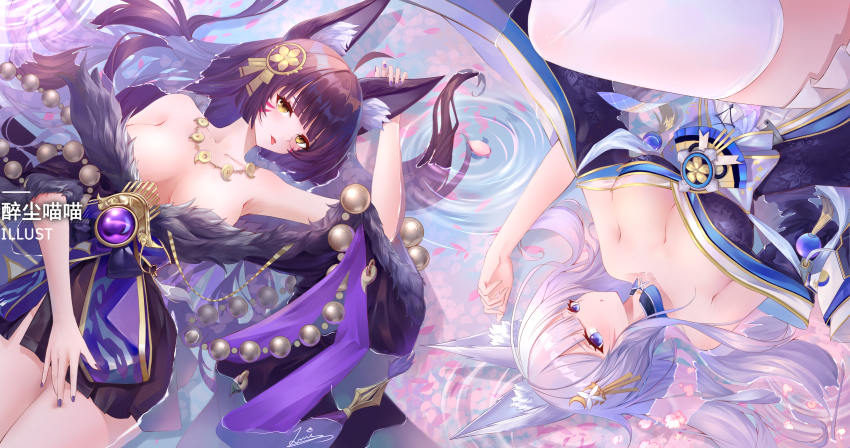 2girls, absurdres, afloat, animal_ear_fluff, azur_lane, black_hair, black_kimono, blue_eyes, blue_kimono, breasts, facial_mark, fox_girl, fur_trim, hair_ornament, highres, japanese_clothes, jewelry, kimono, large_breasts, long_hair, magatama, magatama_necklace, multiple_girls, musashi_(azur_lane), nail_polish, necklace, obi, sash, shinano_(azur_lane), thighhighs, tongue, tongue_out, water, white_hair, white_thighhighs, yellow_eyes, zuic