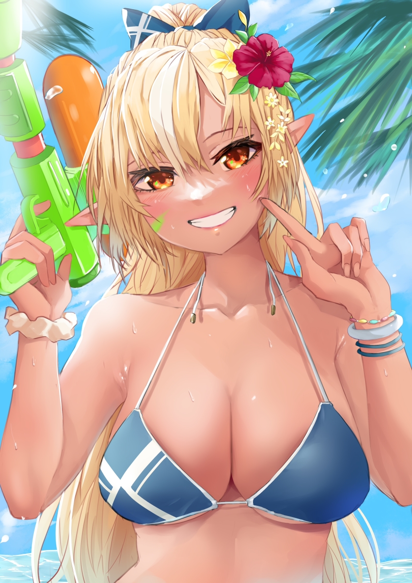 1girl, absurdres, alternate_costume, armpit_crease, armpits, bikini, blonde_hair, blue_bikini