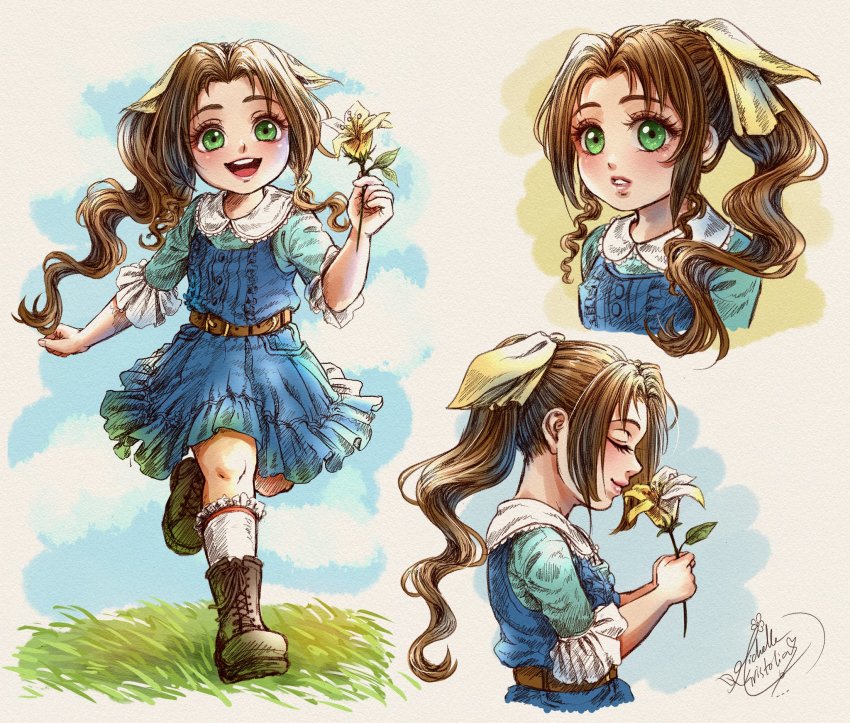 1girl, aerith_gainsborough, aged_down, aqua_shirt, belt, blue_dress, boots, brown_belt, brown_hair, child, closed_eyes, dress, final_fantasy, final_fantasy_vii, final_fantasy_vii_remake, flower, frilled_dress, frilled_shirt, frills, full_body, grass, green_eyes, hair_ribbon, highres, holding, holding_flower, lily_(flower), long_hair, michelle_kristolia, multiple_views, official_alternate_costume, open_mouth, outdoors, parted_bangs, parted_lips, ponytail, ribbon, shirt, sidelocks, signature, smelling, smelling_flower, smile, teeth, upper_body, upper_teeth_only, wavy_hair, yellow_flower, yellow_ribbon