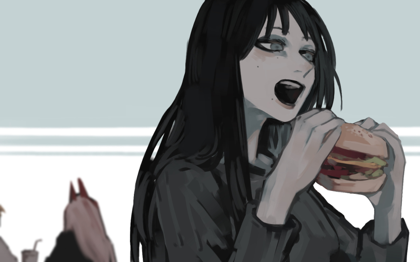 1boy, 2girls, black_hair, blurry, blurry_background, burger, chainsaw_man, cup