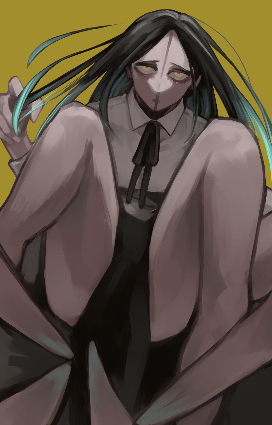 1girl, arthropod_girl, black_hair, black_ribbon, blank_eyes, chainsaw_man, collared_shirt, expressionless