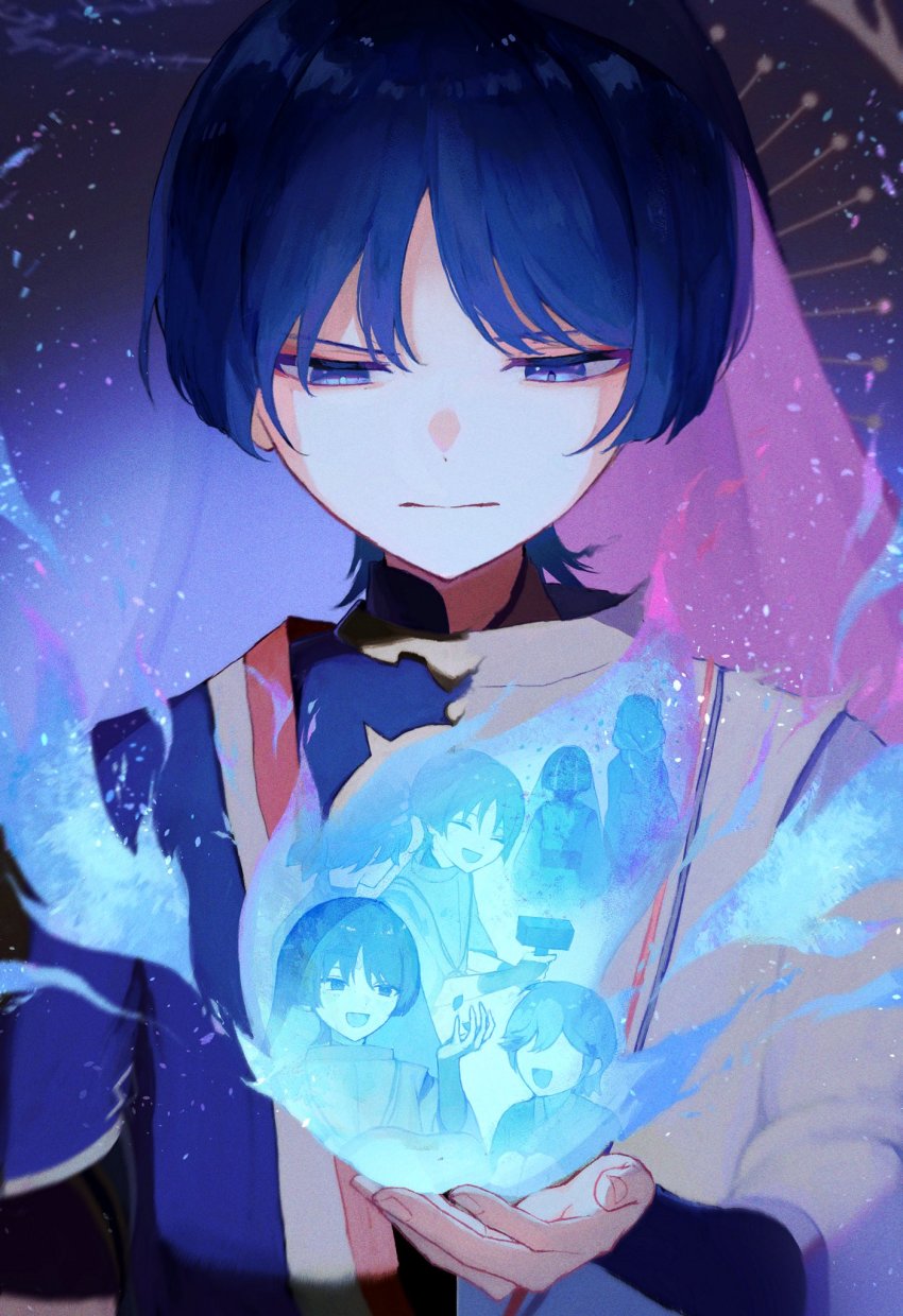 1girl, 3boys, arm_armor, back, belt, black_background, blue_fire, blue_hair, blue_shirt, braid, closed_eyes, closed_mouth, detached_sleeves, dress, fingernails, fire, genshin_impact, gold, gradient_background, grey_vest, hair_between_eyes, hand_up, highres, holding, holding_weapon, japanese_clothes, jewelry, kimono, long_hair, long_sleeves, looking_at_another, looking_down, looking_to_the_side, maigogo05, mallet, mandarin_collar, mitsudomoe_(shape), multiple_boys, necklace, no_eyes, open_mouth, pom_pom_(clothes), purple_background, purple_belt, purple_dress, purple_eyes, purple_hair, purple_shirt, raiden_shogun, scaramouche_(genshin_impact), shirt, short_hair, short_sleeves, smile, standing, tomoe_(symbol), veil, vest, weapon, wide_sleeves