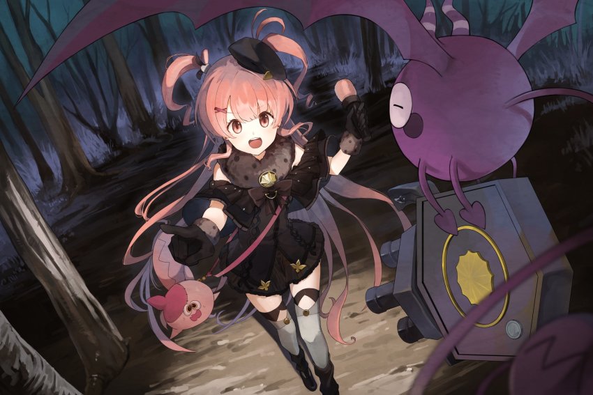 1girl, alchemy_stars, bag, beret, black_boots, black_dress, black_gloves, black_hat