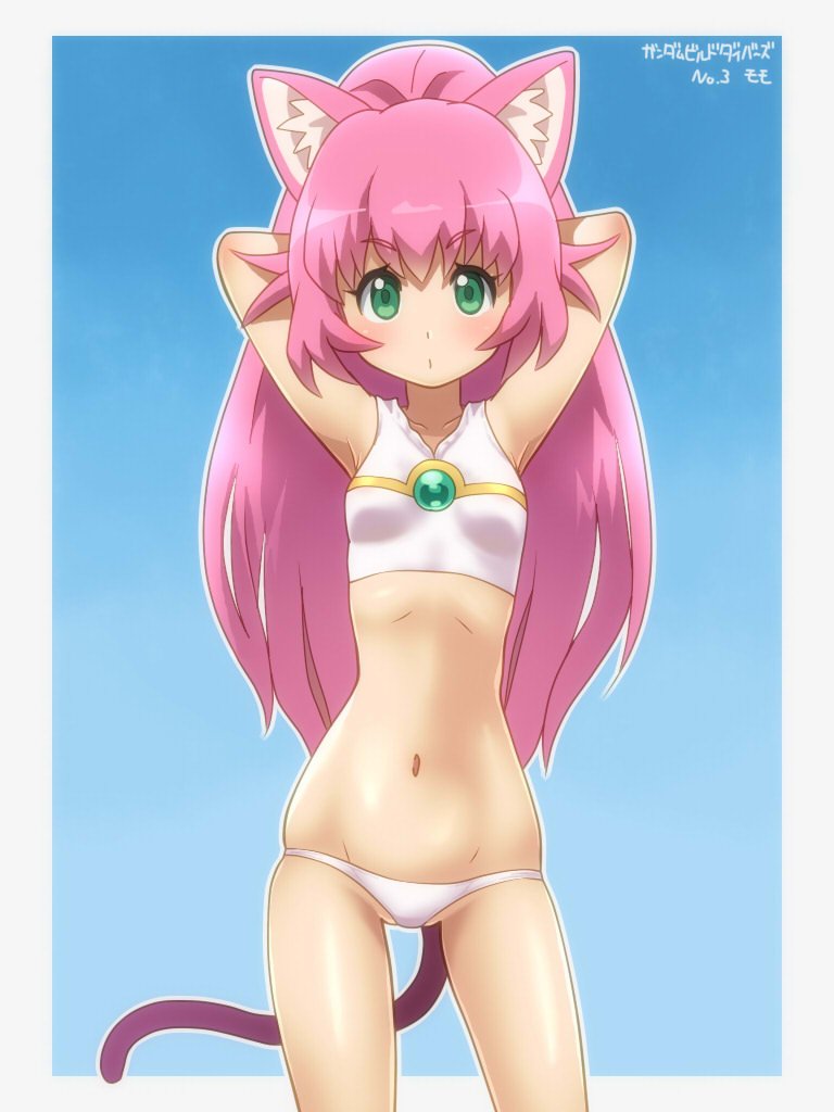 1girl, animal_ears, armpits, arms_up, awa, bikini, breasts, cat_ears