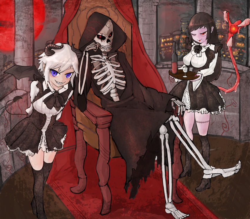 1boy, 2girls, anderhorlo, black_hair, chair, cloak, highres, hood