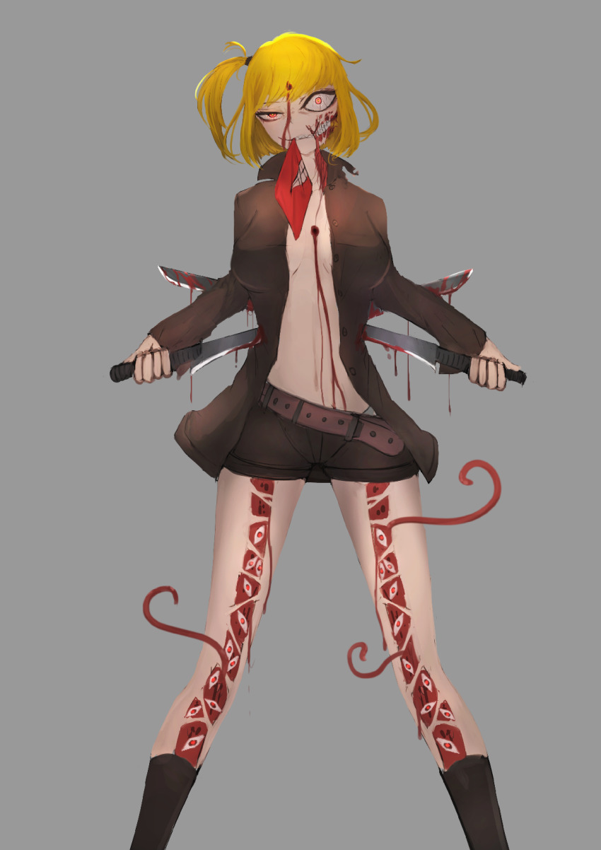 anderhorlo, belt, blonde_hair, bullet_hole, guro, highres, monster_girl, open_clothes, open_shirt, short_shorts, shorts, side_ponytail, stabbing_self, teeth, tentacles, tsurumaki_maki, weapon, yuzuki_yukari