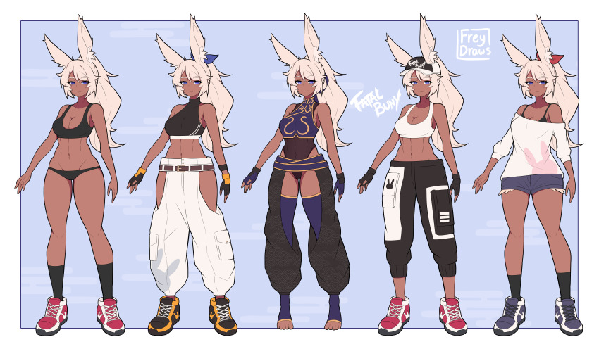 1girl, absurdres, animal_ears, artist_name, baggy_pants, bare_arms, bare_shoulders, black_bra