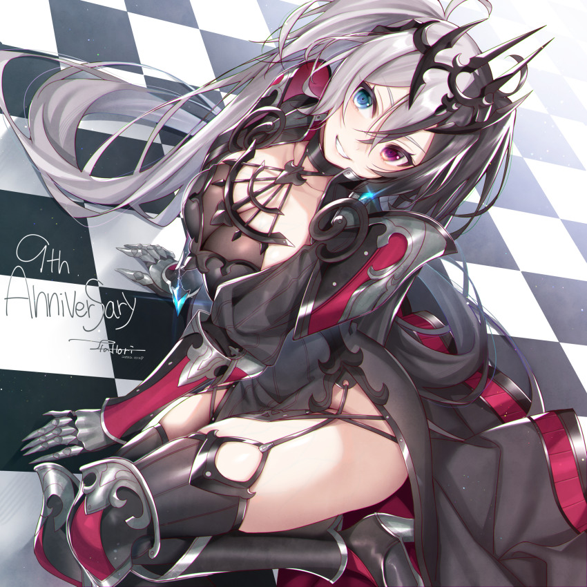 1girl, anniversary, armor, armored_boots, black_cape, black_hair, black_thighhighs, blue_eyes, boots, breasts, cape, checkered_floor, cleavage, collar, commentary, dated, dutch_angle, english_text, garter_straps, gauntlets, glowing, grey_hair, grin, hair_between_eyes, hands_on_floor, hattori_masaki, heios_(sennen_sensou_aigis), heterochromia, high_heel_boots, high_heels, highres, knee_pads, large_breasts, long_hair, looking_at_viewer, metal_collar, multicolored_hair, on_floor, pauldrons, pelvic_curtain, red_cape, red_eyes, sennen_sensou_aigis, shoulder_armor, shrug_(clothing), signature, sitting, skindentation, smile, solo, split-color_hair, thighhighs, thighs, tiara, twintails, two-tone_cape, very_long_hair, yokozuwari