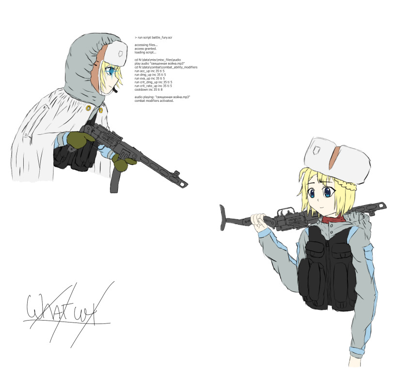 blonde_hair, blue_eyes, cloak, girls'_frontline, gun, hat, highres, ppsh-41_(girls'_frontline)