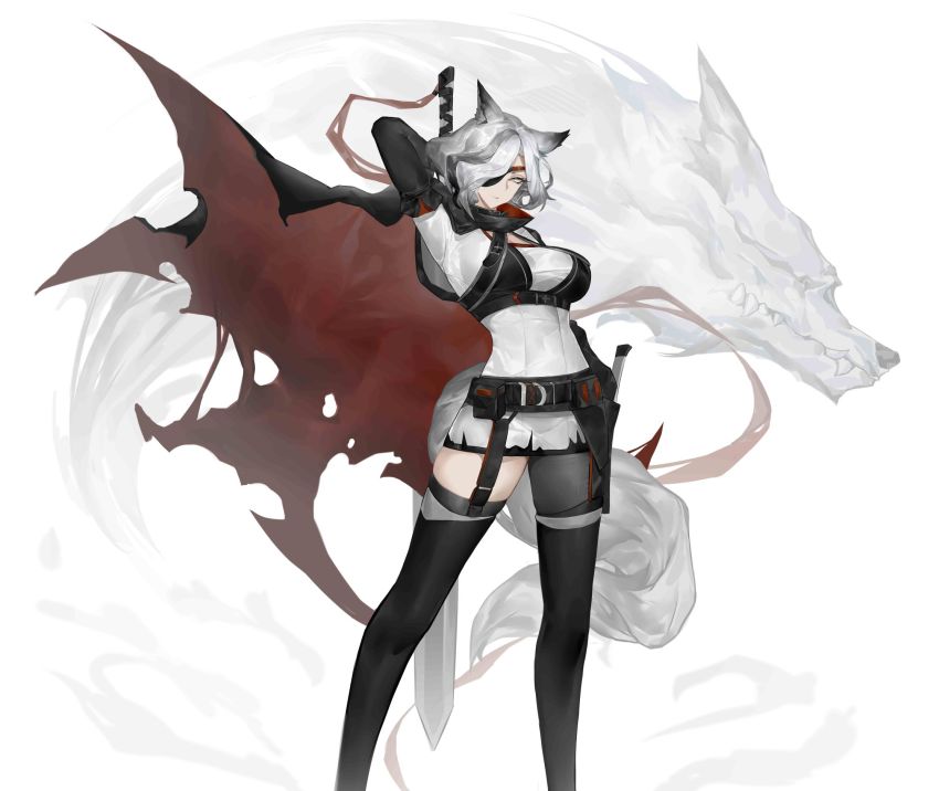 1girl, animal_ears, arknights, arm_behind_head, arm_up, belt, black_shorts, breasts, eyepatch, grey_hair, highres, liuli_yuanxiaoniao, long_sleeves, looking_at_viewer, medium_breasts, quartz_(arknights), shirt, short_hair, shorts, solo, tail, thighhighs, white_shirt, wolf_ears, wolf_girl, wolf_tail
