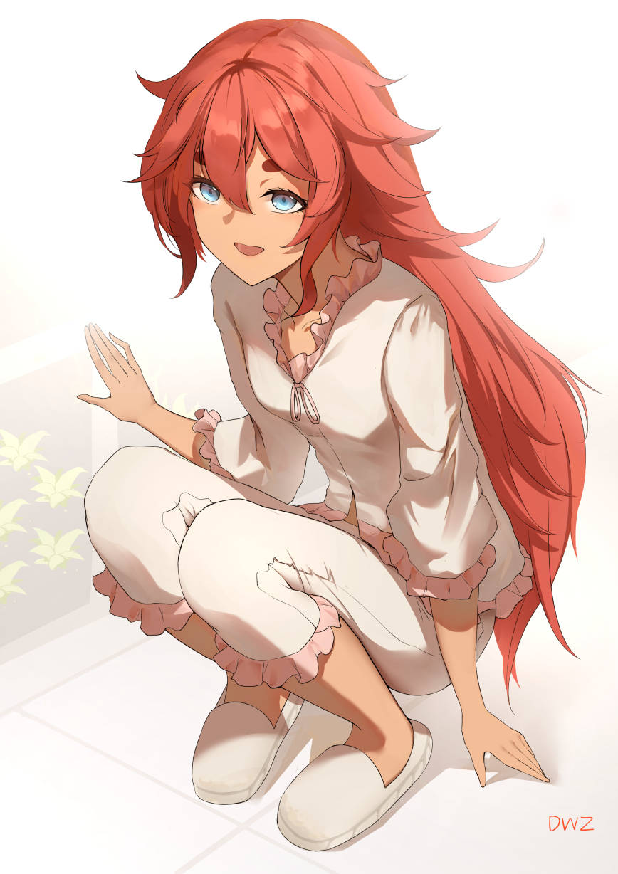 1girl, artist_name, blue_eyes, breasts, collarbone, commentary_request, gundam, gundam_suisei_no_majo, hair_down, highres, long_hair, looking_at_viewer, messy_hair, pajamas, red_hair, sidelocks, small_breasts, smile, solo, squatting, suletta_mercury, thick_eyebrows, very_long_hair, xueci