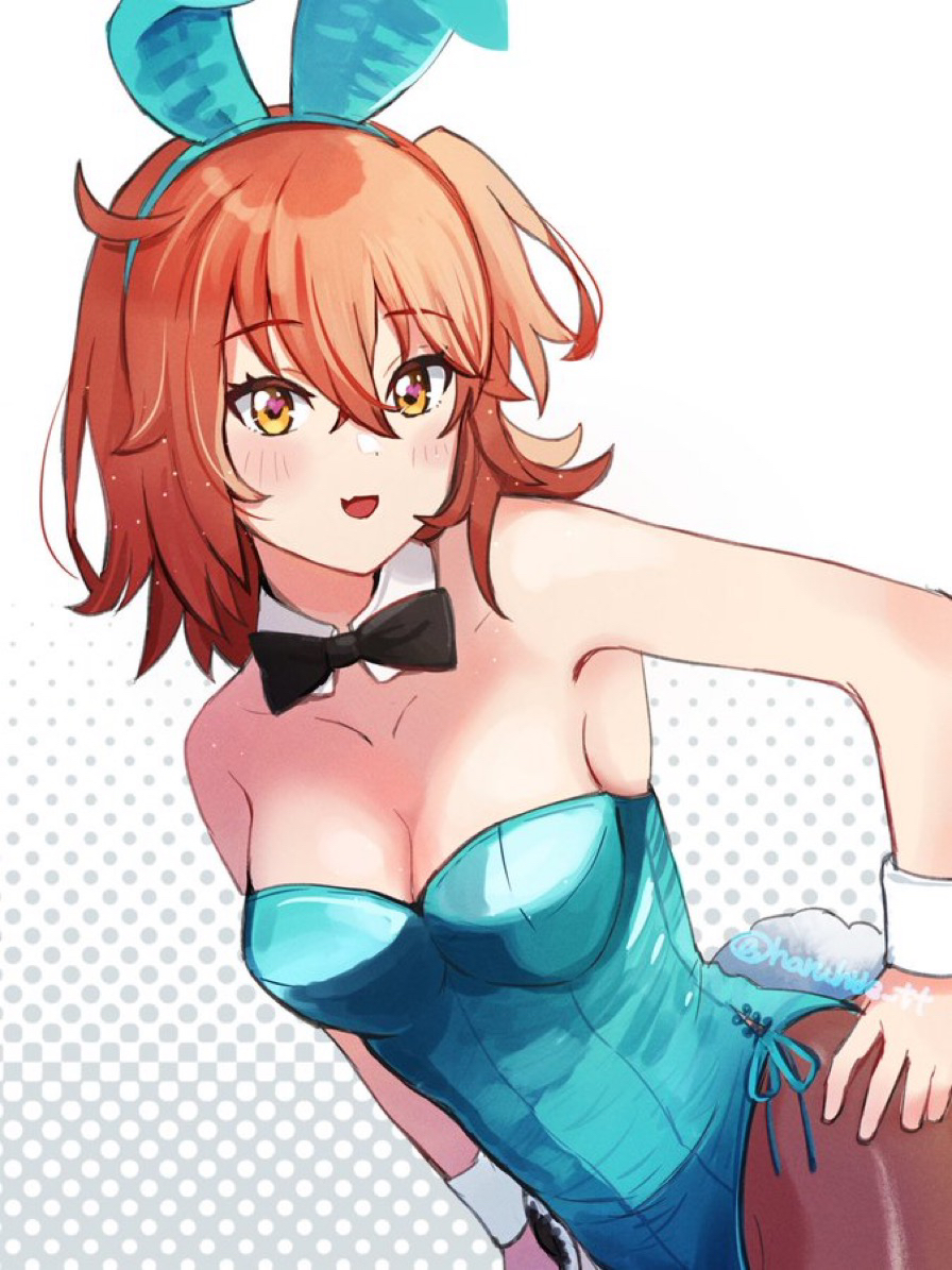 1girl, ahoge, animal_ears, aqua_hairband, aqua_leotard, black_bow, black_bowtie, bow