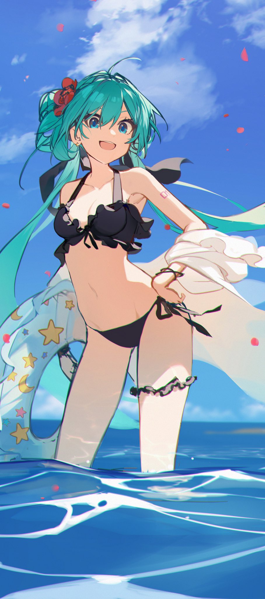 1girl, aqua_hair, armpit_crease, arms_at_sides, bikini, black_bikini, black_scrunchie, blue_eyes, blue_sky, bracelet, breasts, caustics, clenched_hand, cloud, cloudy_sky, collarbone, contrapposto, crescent_print, day, earrings, eyelashes, flower, foam, frilled_bikini, frills, front-tie_bikini_top, front-tie_top, glint, groin, hair_between_eyes, hair_flower, hair_ornament, halterneck, hanamoto410, hand_on_own_hip, hatsune_miku, highres, holding, holding_swim_ring, innertube, jewelry, legs_apart, long_hair, looking_at_viewer, navel, number_tattoo, open_mouth, outdoors, petals, red_flower, scrunchie, shoulder_tattoo, side-tie_bikini_bottom, sidelighting, sky, small_breasts, solo, standing, star_(symbol), star_earrings, star_print, sunlight, swim_ring, swimsuit, tattoo, teeth, thigh_scrunchie, upper_teeth_only, very_long_hair, vocaloid, wading, water, waves