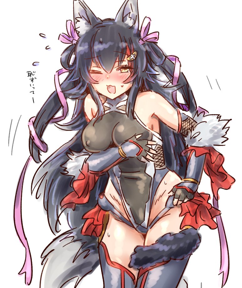 1girl, animal_ears, black_hair, black_leotard, blush, breasts, cosplay, covered_erect_nipples