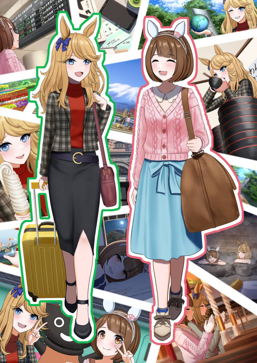 2girls, :d, animal_ears, bag, belt, black_footwear, black_skirt, blonde_hair, blue_bow, blue_eyes, blue_skirt, bow, bowl, braid, brown_eyes, brown_hair, casual, cellphone, chopsticks, commentary, crown_braid, ear_bow, ear_covers, food, gold_city_(casual)_(umamusume), gold_city_(umamusume), handbag, high_heels, highres, holding, holding_bowl, holding_chopsticks, horse_ears, horse_girl, ice_cream, itsuki_toiro, iwate_prefecture, jacket, long_hair, multiple_girls, onsen, open_mouth, phone, pink_sweater, plaid_clothes, plaid_jacket, red_shirt, shirt, short_hair, shrine, skirt, smartphone, smile, suitcase, sweater, ticket, train_station, turtleneck, umamusume, v, vacation, wanko_soba, yukino_bijin_(casual)_(umamusume), yukino_bijin_(umamusume)