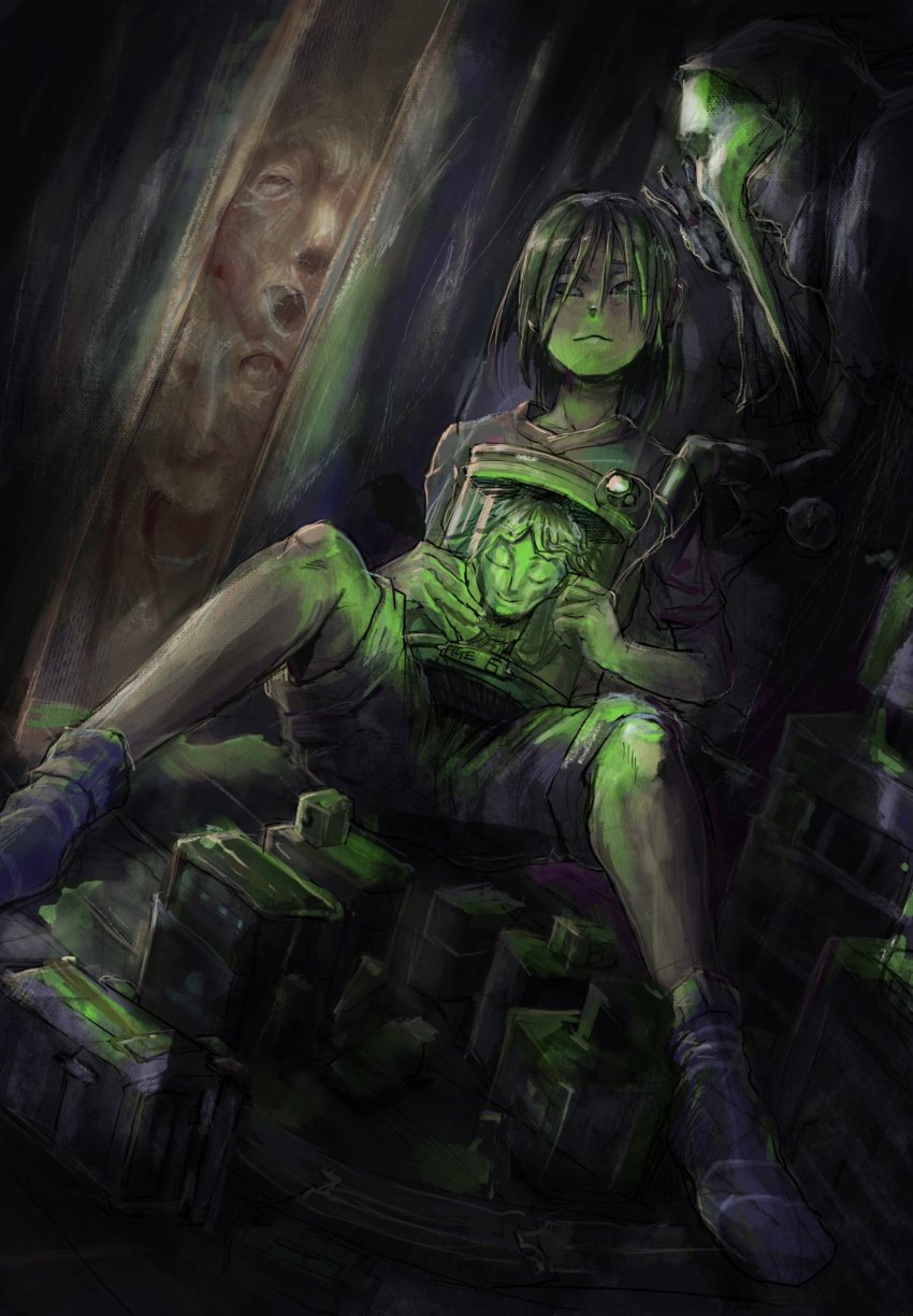 black_eyes, black_hair, frown, gaikotsurkgk_(tatsu), glowing, head_in_jar, highres, horror_(theme)