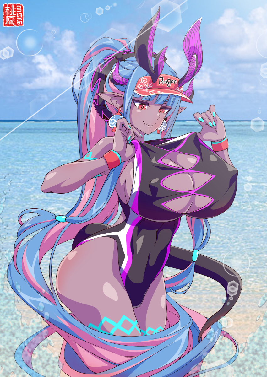 1girl, absurdres, adjusting_clothes, adjusting_swimsuit, aqua_hair, aqua_nails, black_one-piece_swimsuit, body_markings, breast_cutouts, breasts, cleavage_cutout, clothing_cutout, colored_skin, competition_swimsuit, fang, fate/grand_order, fate_(series), grey_skin, hat, highleg, highleg_one-piece_swimsuit, highres, horns, huge_breasts, ibuki_douji_(fate), ibuki_douji_(swimsuit_berserker)_(fate), ibuki_douji_(swimsuit_berserker)_(first_ascension)_(fate), long_hair, looking_back, looking_down, momohara_rile, multicolored_hair, nail_polish, one-piece_swimsuit, oni, oni_horns, pink_hair, pink_hat, pink_one-piece_swimsuit, pointy_ears, red_eyes, skin_fang, smile, solo, swimsuit, tail, two-tone_hair, two-tone_swimsuit, visor_cap