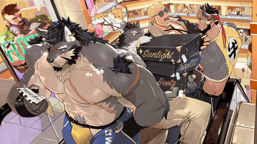 abs, bara, bear, black_hair, blush, case, chang_(gyee), denim
