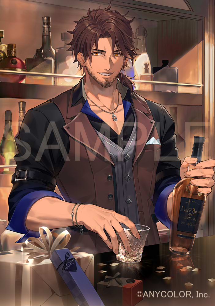 1boy, alcohol, belmond_banderas, belmond_banderas_(1st_costume), black_shirt, bottle, box, bracelet