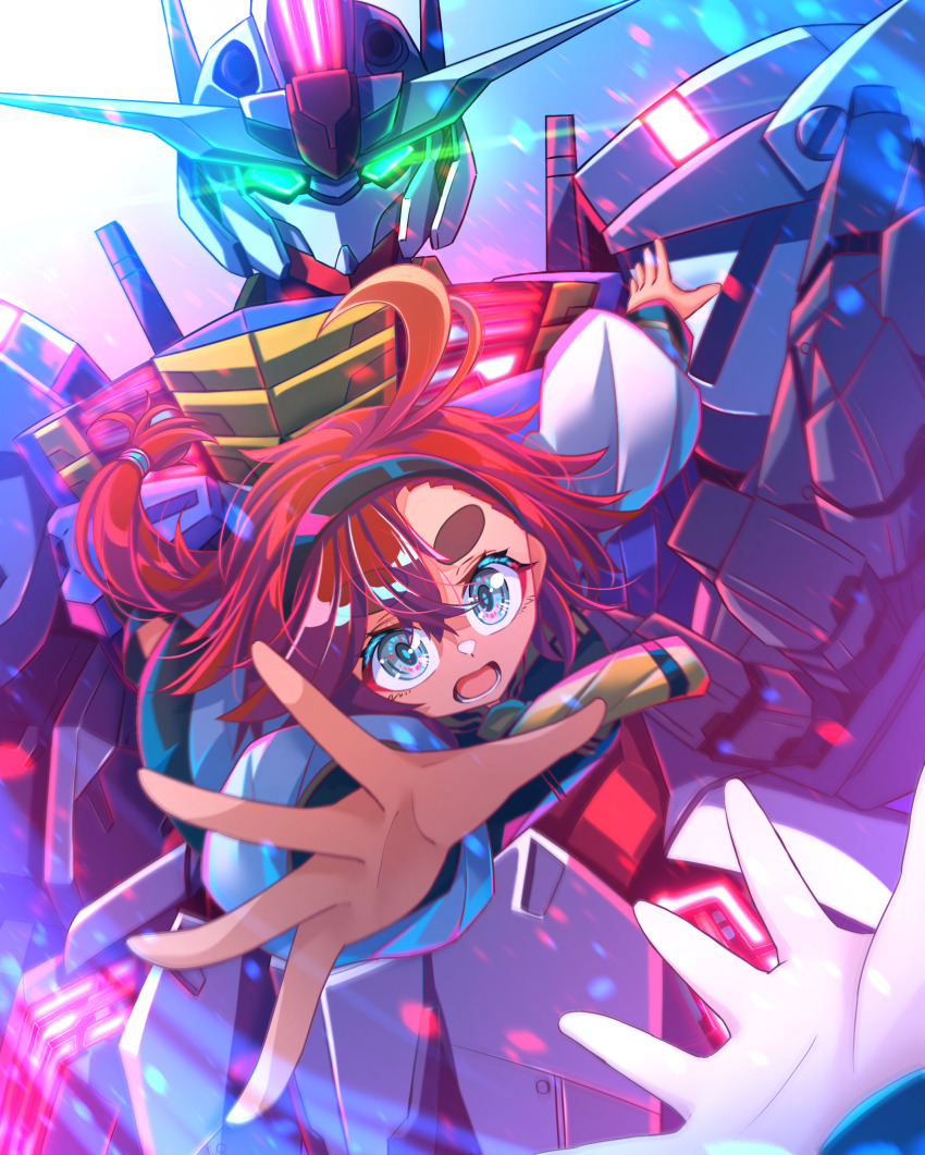 1girl, absurdres, ahoge, asticassia_school_uniform, black_hairband, blue_eyes, commentary, glowing