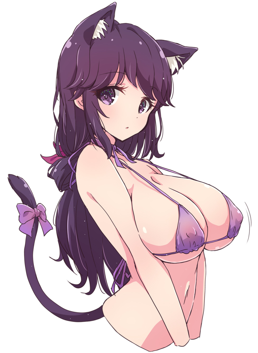 1girl, :o, animal_ears, bikini, breasts, cat_ears, cat_girl, cat_tail, covered_erect_nipples, cropped_legs, highres, kemonomimi_mode, large_breasts, long_hair, looking_at_viewer, machikado_mazoku, mature_female, mel_(melty_pot), navel, purple_bikini, purple_eyes, purple_hair, solo, swimsuit, tail, upper_body, yoshida_seiko